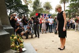 Australian Minister for Foreign Affairs, Julie Bishop lays a wreath at the Redfern Park World War Memorial on April 25, 2018 in Sydney, Australia.