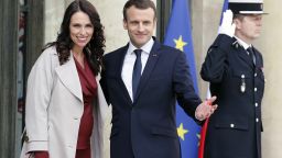 PARIS, FRANCE - APRIL 16:  French President Emmanuel Macron (R) welcomes New Zealand's Prime Minister Jacinda Ardern (L) prior to their meeting at the Elysee Palace on April 16, 2018 in Paris. Ardern is in Paris for a one-day visit.  (Photo by Chesnot/Getty Images)