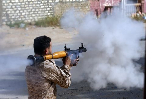 A Government of National Accord fighter fires a rocket propelled grenade on April 20.
