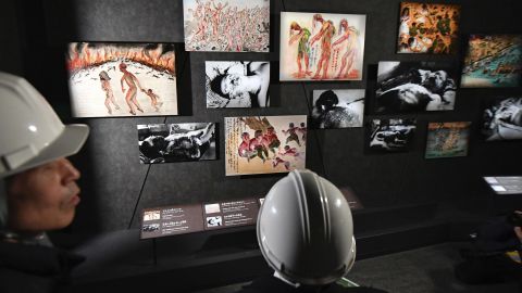 Photo taken at the main building of the Hiroshima Peace Memorial Museum on March 8, 2019, shows pictures and drawings related to the victims of the August 1945 U.S. atomic bombing of the western Japan city. These items will be displayed to the general public on April 25, 2019, when the museum's main building is set to reopen following two years of renovation. (Kyodo)
==Kyodo
(Photo by Kyodo News via Getty Images)