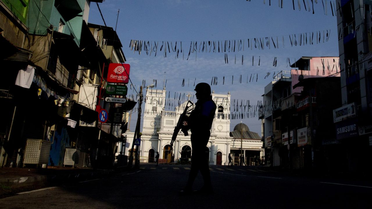 A security officer stands guard outside St. Anthony's Shrine where bombing was carried out on Easter Sunday, in Colombo.