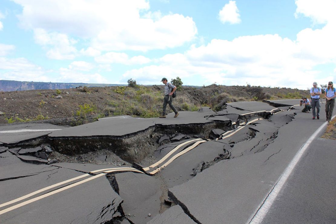 Hawaii Volcanos National Park staff survey 2018 earthquake damage on the south side of Crater Rim Drive.