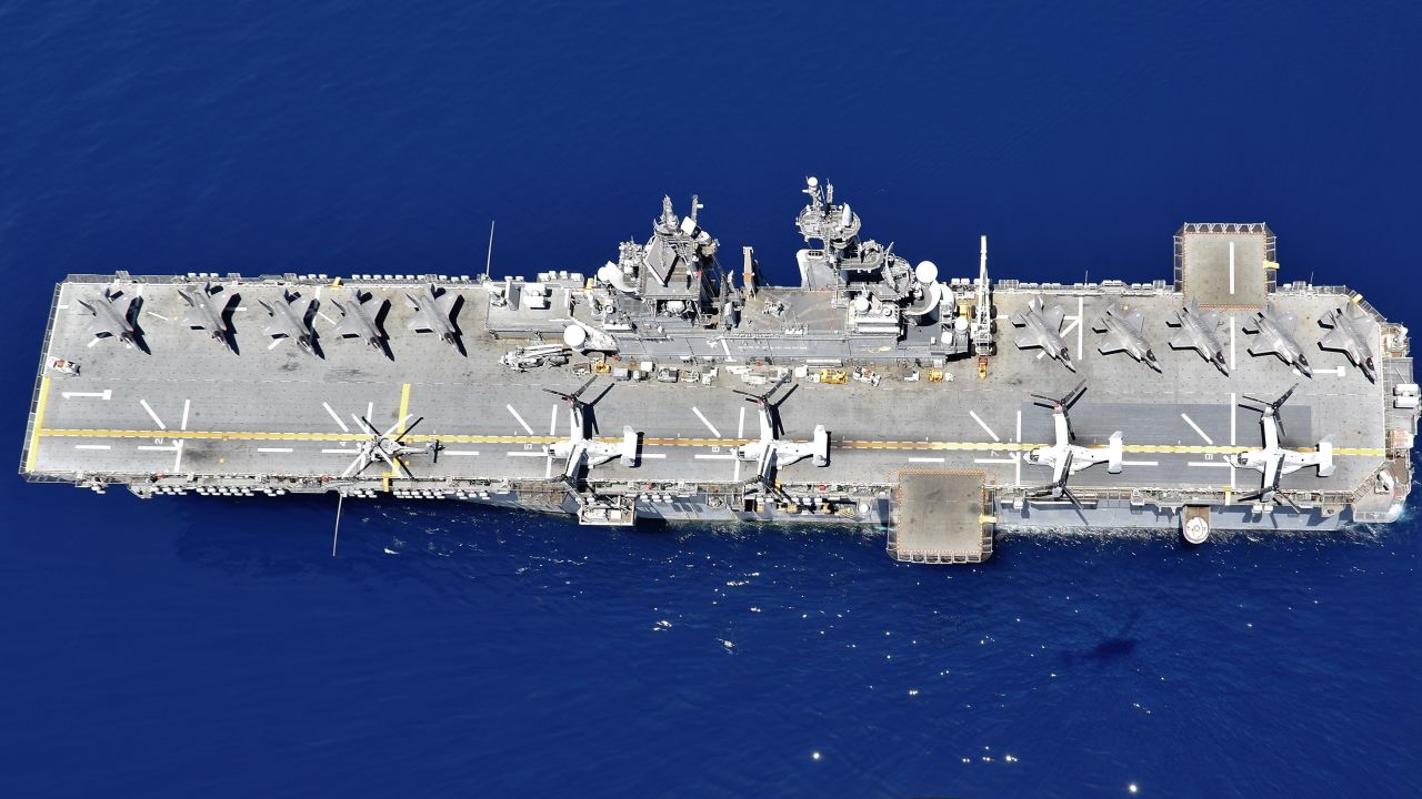 The amphibious assault ship USS Wasp transits the waters of the South China Sea in 2019.