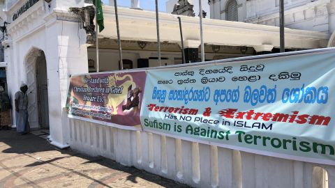 Signs outside Colombo's Dewatagaha Mosque, one of the largest and oldest in the Sri Lankan capital.