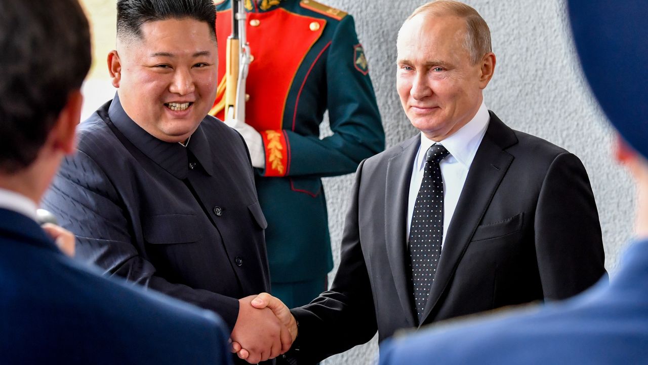 Russian President Vladimir Putin welcomes North Korean leader Kim Jong Un prior to their talks at the Far Eastern Federal University campus on Russky island in the far-eastern Russian port of Vladivostok on April 25, 2019. (Photo by Yuri KADOBNOV / AFP)        (Photo credit should read YURI KADOBNOV/AFP/Getty Images)