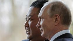 Russian President Vladimir Putin, right, and North Korea's leader Kim Jong Un pose for photographers during their meeting in Vladivostok, Russia, Thursday, April 25, 2019. Putin and Kim are set to have one-on-one meeting at the Far Eastern State University on the Russky Island across a bridge from Vladivostok. The meeting will be followed by broader talks involving officials from both sides. (AP Photo/Alexander Zemlianichenko, Pool)