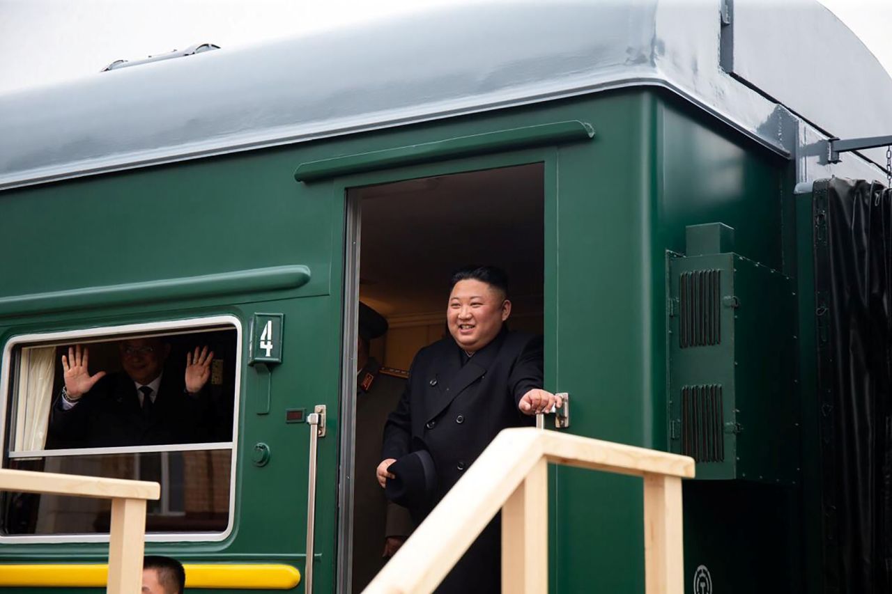 North Korean leader Kim Jong Un disembarks from a train during a welcoming ceremony at a railway station in the far eastern settlement of Khasan, Russia Wednesday, April 24.