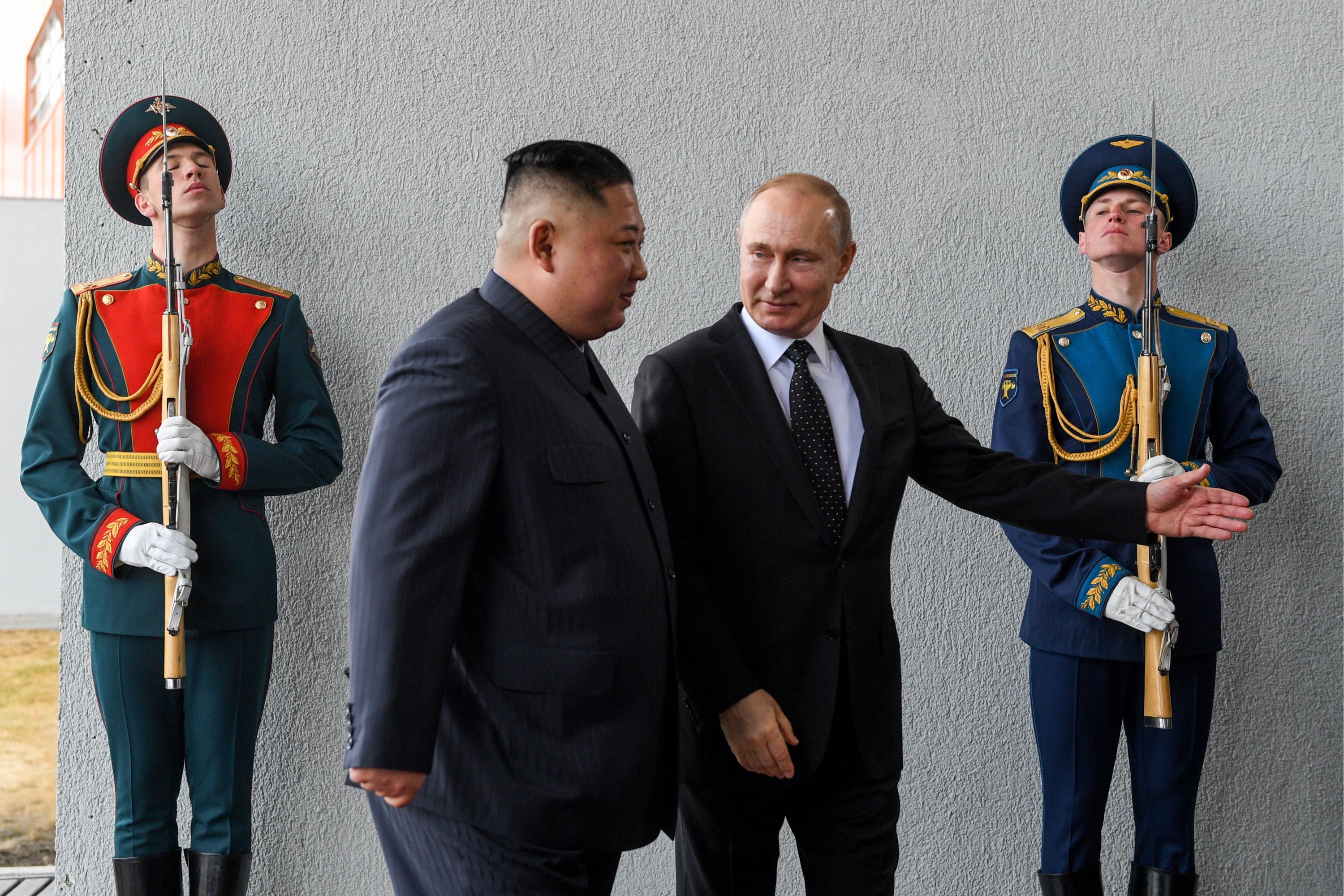 North Korean Leader Kim Jong Un, left, and Russia's President Vladimir Putin during a meeting on Thursday, April 25, at the Far Eastern Federal University (FEFU) on Russky Island.