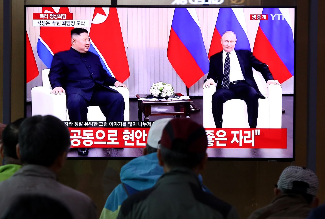 South Koreans watch a television broadcast reporting the meeting of North Korean Leader Kim Jong Un and Russian President Vladimir Putin, at the Seoul railway station on Thursday, April 25 in Seoul, South Korea.