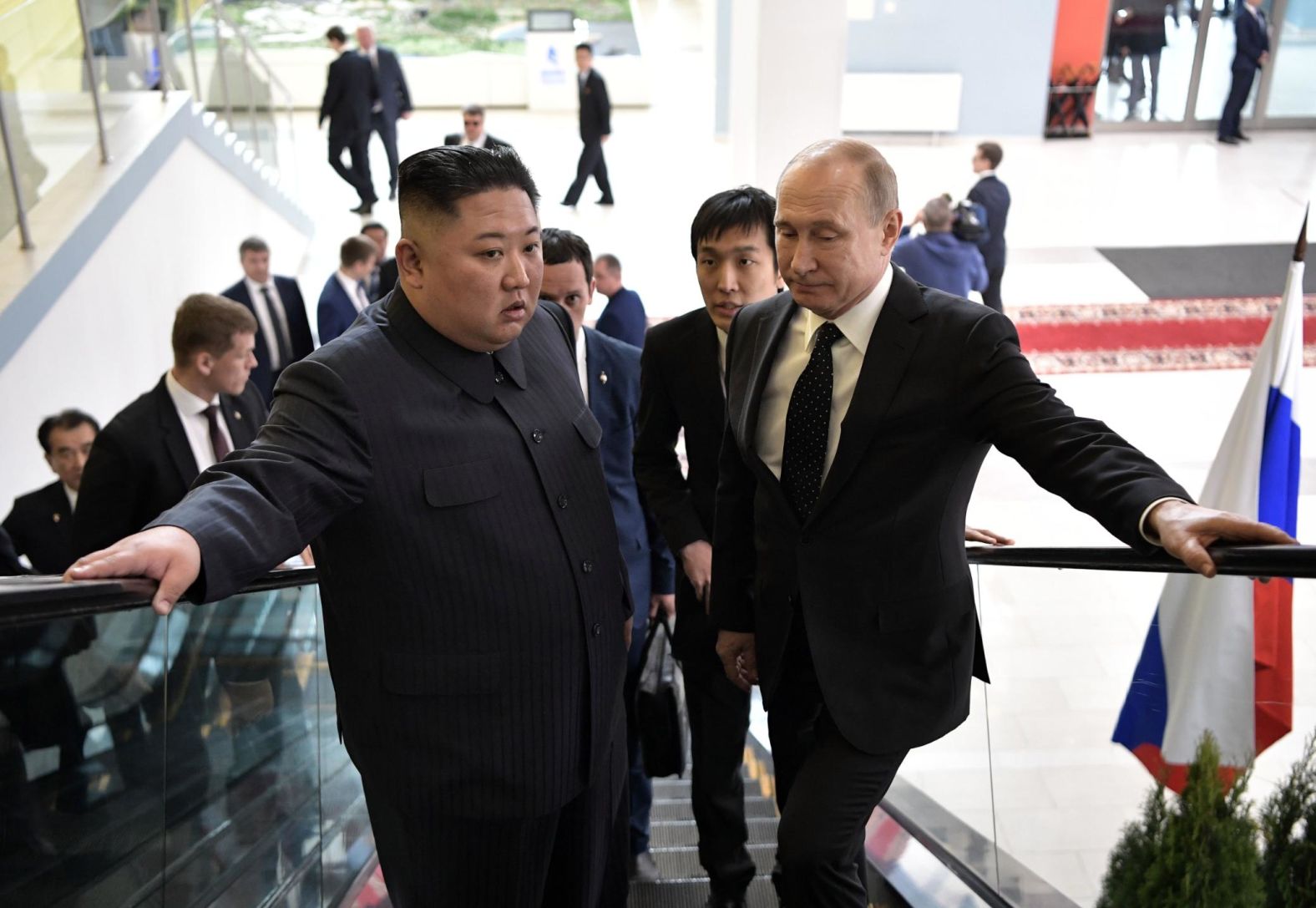 Russian President Vladimir Putin meets with North Korean leader Kim Jong Un at the Far Eastern Federal University campus on Russky Island on Thursday.