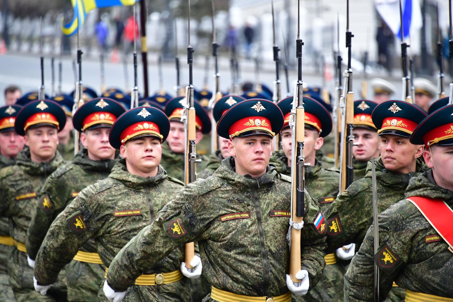 Honor guard soldiers prepare for a welcome ceremony for North Korean leader Kim Jong Un near a railway station in Vladivostok, Russia, on Wednesday, April 24.