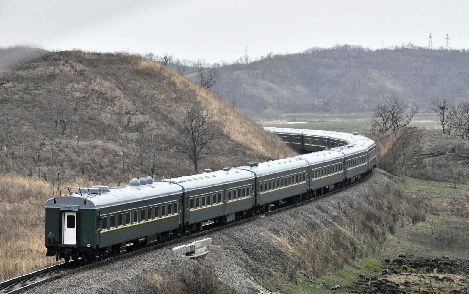 A train carrying North Korean leader Kim Jong Un runs in Khasan, a Russian border city with North Korea, on Wednesday, April 24, on its way to Vladivostok where Kim will hold his first summit with Russian President Vladimir Putin.