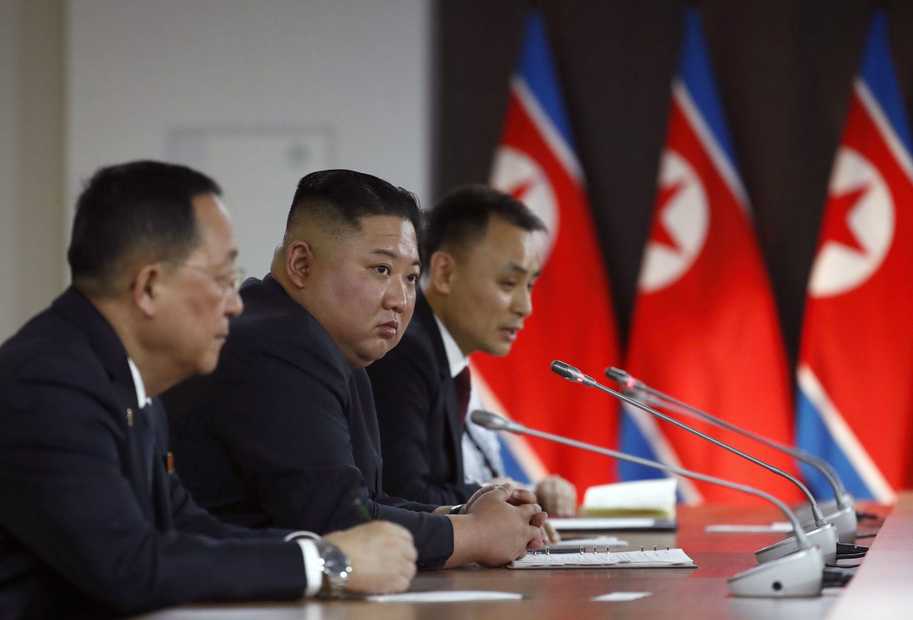 North Korean leader Kim Jong Un and members of the Russian and North Korean delegations hold talks at the Far Eastern Federal University campus on Russky Island in the far-eastern Russian port of Vladivostok on Thursday, April 25.