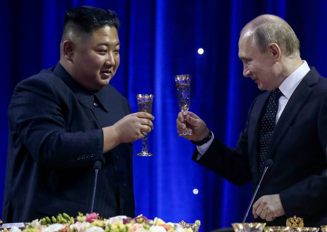 North Korean leader Kim Jong Un, left, and Russia's President Vladimir Putin during a reception on behalf of Russia's President following Russian and North Korean talks at the Far Eastern Federal University (FEFU) on Russky Island on Thursday, April 25. 