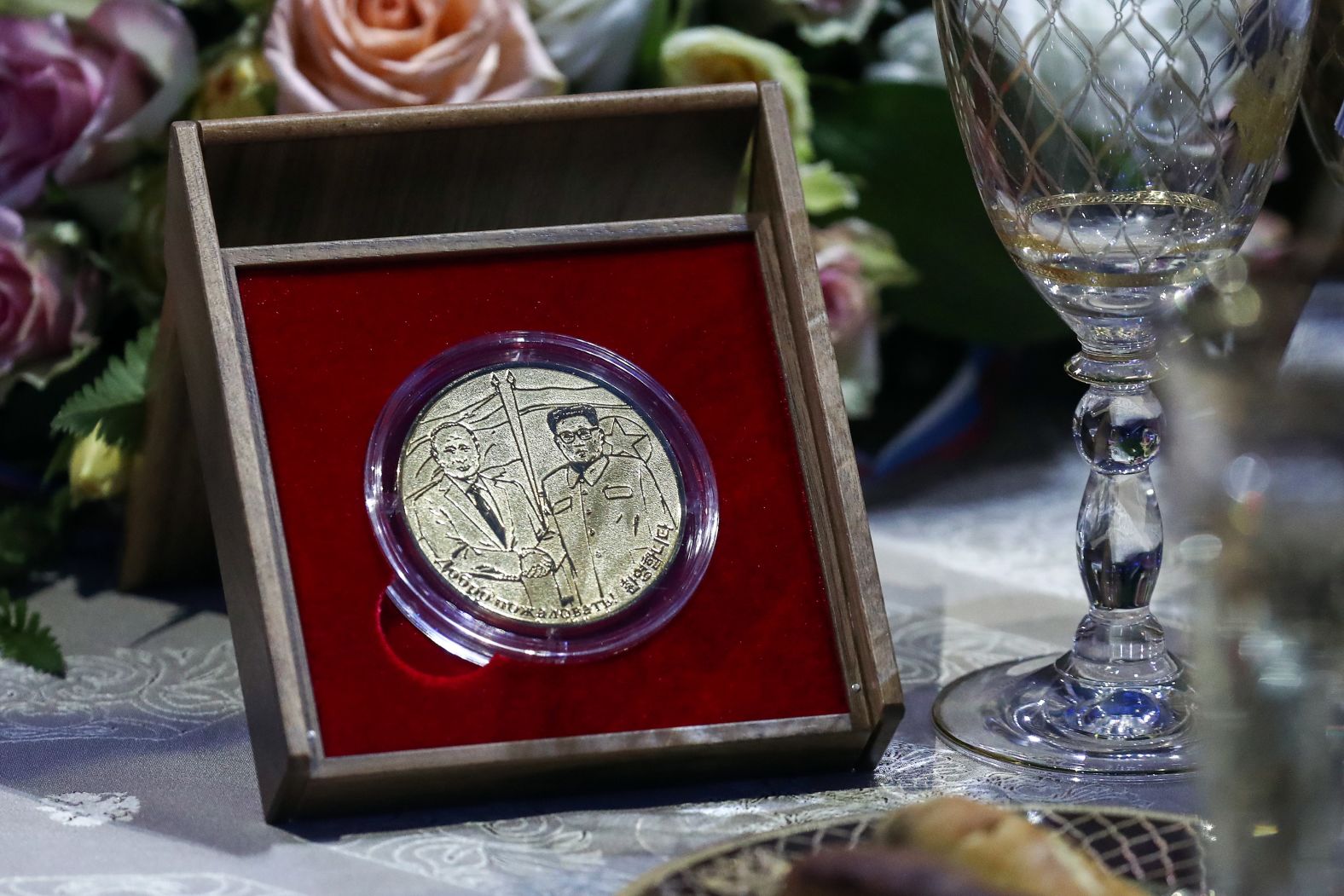 A commemorative medal during a reception on behalf of Russia's President Vladimir Putin following Russian and North Korean talks at the Far Eastern Federal University (FEFU) on Russky Island on Thursday, April 25.