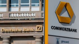 15 April 2019, Hessen, Frankfurt/Main: A branch of Deutsche Bank and Commerzbank is not far apart in the city centre. Financial experts consider a merger of the two credit institutions to be possible. Photo: Boris Roessler/dpa (Photo by Boris Roessler/picture alliance via Getty Images)