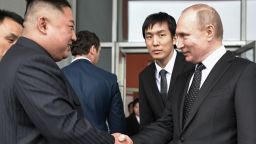 Russian President Vladimir Putin shakes hands with North Korean leader Kim Jong Un following their talks in Vladivostok on Thursday.