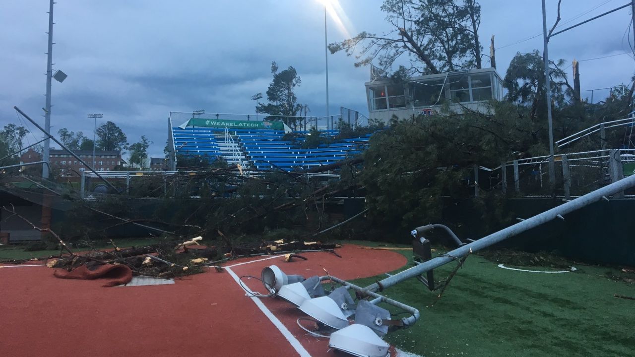 The storm left damage and debris at Louisiana Tech's softball field.