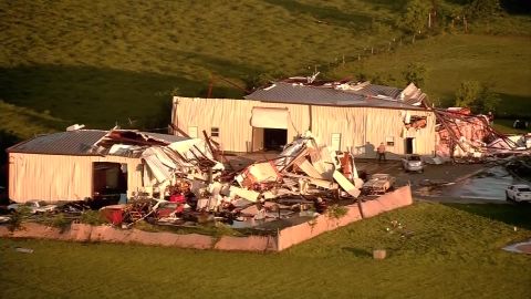 Aerial footage shows damage in the area of Bryan, Texas, on Thursday.