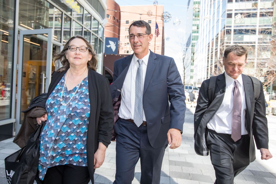 Michael Center, former men's tennis coach for UT Austin, leaves court on April 24, 2019 in Boston.