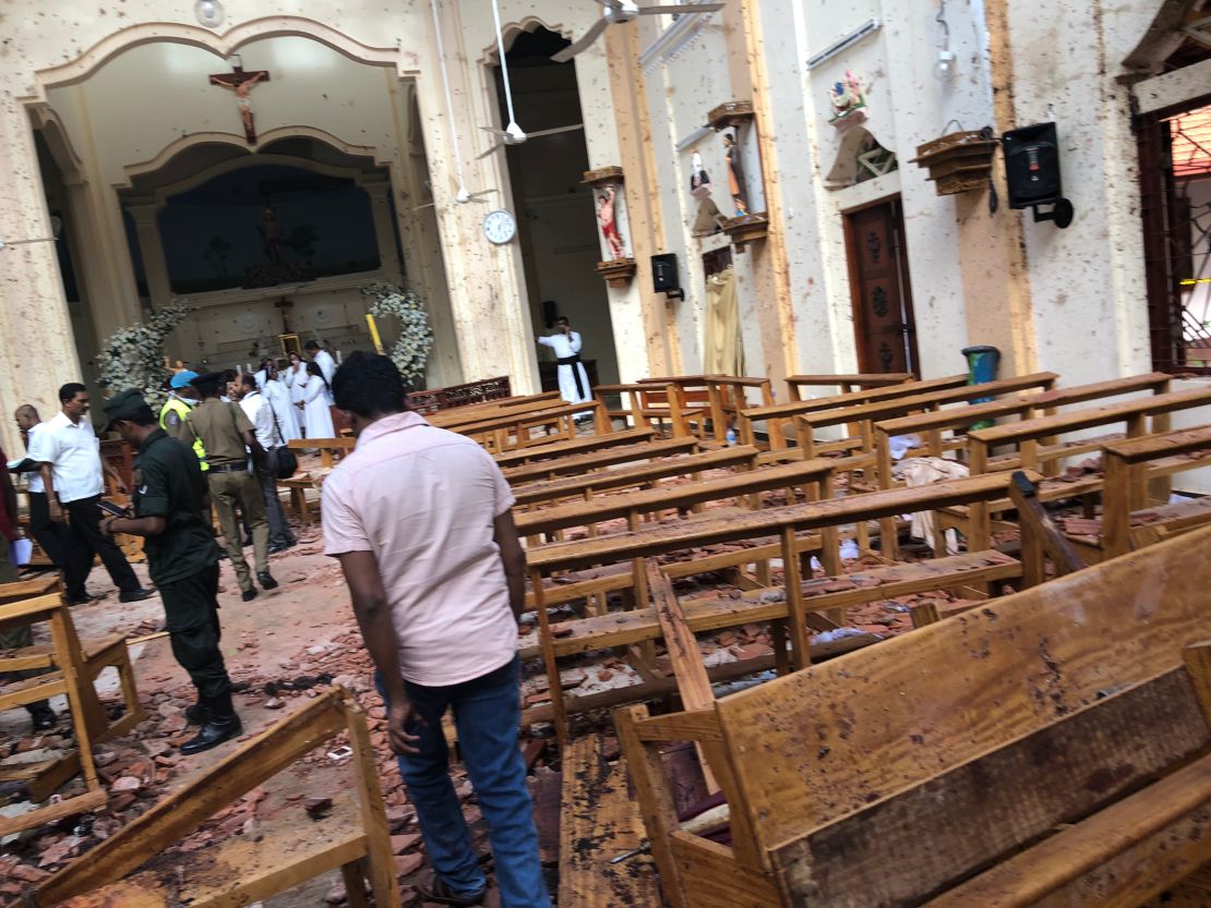 The scene in the immediate aftermath of Sunday's attack on St Sebastian's Church in Negombo.  