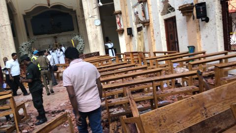 The scene in the immediate aftermath of Sunday's attack on St Sebastian's Church in Negombo.  