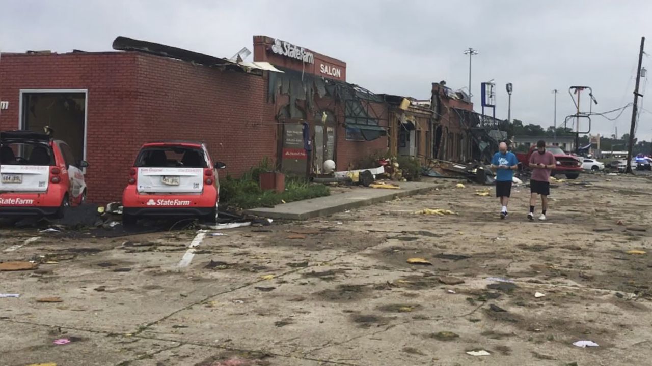 This strip mall in Ruston, seen here Thursday morning, was devastated.