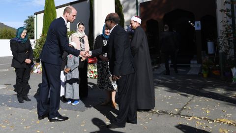 Prince William greets members of the Muslim community as he arrives at the Al Noor mosque Friday.