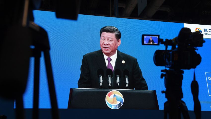 An image of Chinese President Xi Jinping speaking at the opening ceremony of the Belt and Road Forum, is seen in the media center of the Forum in Beijing on April 26, 2019. (Photo by GREG BAKER / AFP)        (Photo credit should read GREG BAKER/AFP/Getty Images)