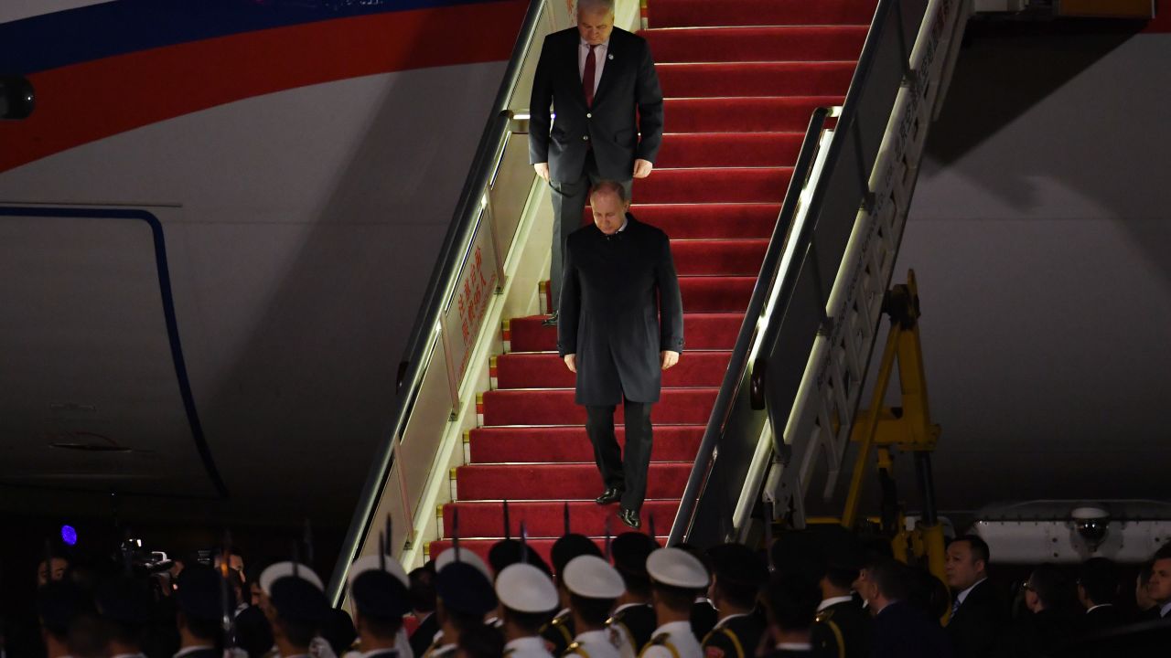 Russia's President Vladimir Putin arrives at Beijing airport ahead of the Belt and Road Forum in the Chinese capital on April 25.