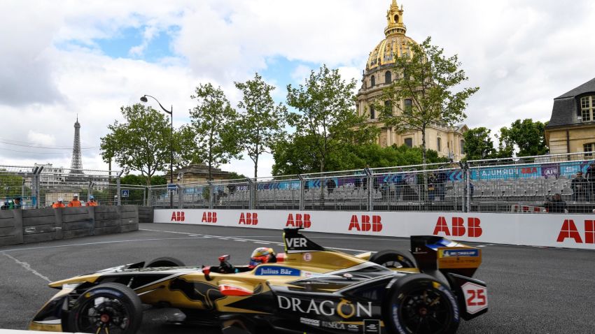 France's Jean-Eric Vergne of the Formula E team Techeetah competes during the practice session of the French stage of the Formula E championship around The Invalides Monument close to The Eiffel Tower in Paris on April 28, 2018. (Photo by BERTRAND GUAY / AFP)        (Photo credit should read BERTRAND GUAY/AFP/Getty Images)
