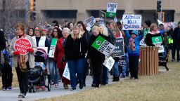 In this Jan. 23, 2017, file photo, marchers arrive for a Roe v. Wade protest as hundreds converge on the Kansas Statehouse to mark the 1973 Supreme Court decision that legalized abortion nationwide. Abortion opponents have been bracing themselves for nearly two years for a ruling from Kansas' highest court that protects abortion rights and upends politics in a state long at the center of the national debate.