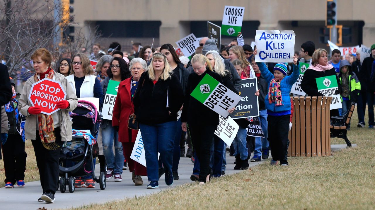 In this January 23, 2017, file photo, marchers arrive for a Roe v. Wade protest as hundreds converge on the Kansas statehouse to mark the 1973 Supreme Court decision that legalized abortion nationwide.