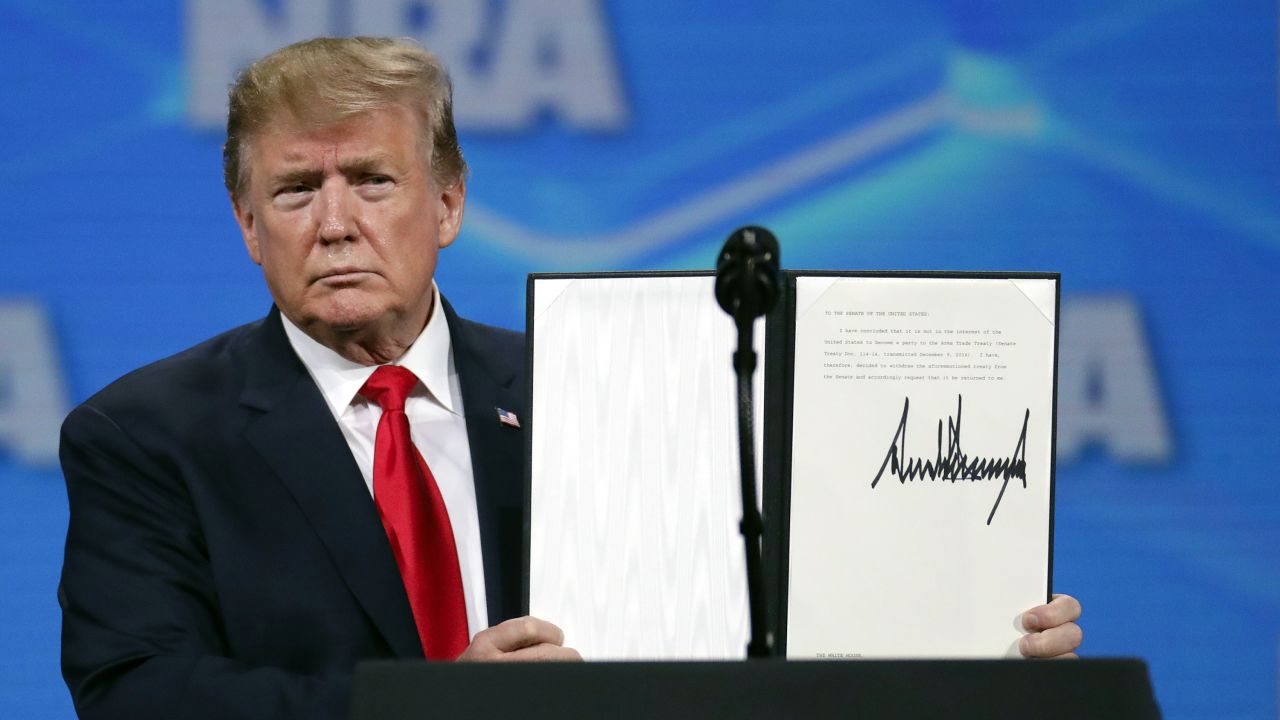 President Donald Trump speaks at the Nation Rifle Association Institute for Legislative Action Leadership Forum in Lucas Oil Stadium in Indianapolis, Friday, April 26, 2019. (AP Photo/Michael Conroy)