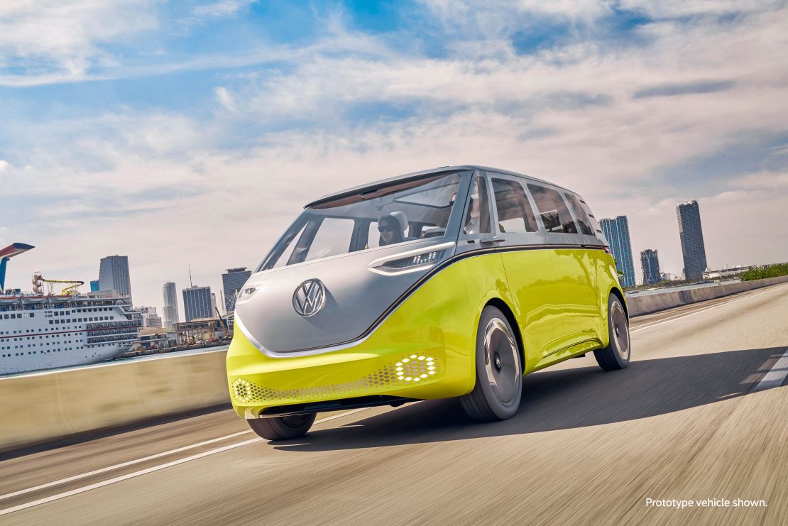 The VW ID Buzz looks like the Microbus beloved by hippies in the 1960s and early '70s. 