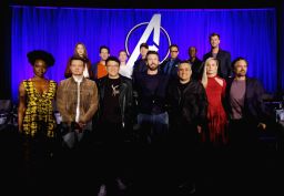 (front) Danai Gurira, Jeremy Renner, Anthony Russo, Chris Evans, Joe Russo, Brie Larson and Mark Ruffalo at the "Avengers: Endgame" press junket in April 2019.