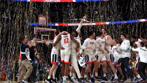 The Virginia Cavaliers celebrate their teams 85-77 win over the Texas Tech Red Raiders to win the the 2019 NCAA men's Final Four National Championship game at U.S. Bank Stadium.