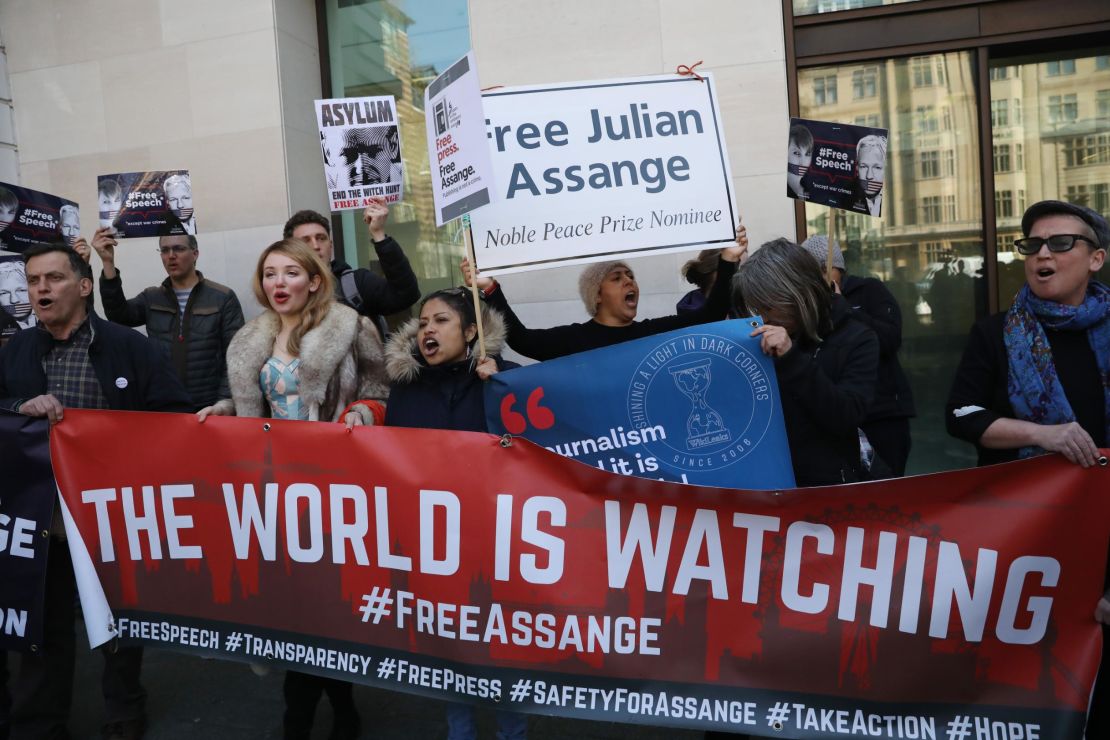 Pro-Assange demonstrators protest outside Westminster Magistrates Court on the day Assange was arrested. 