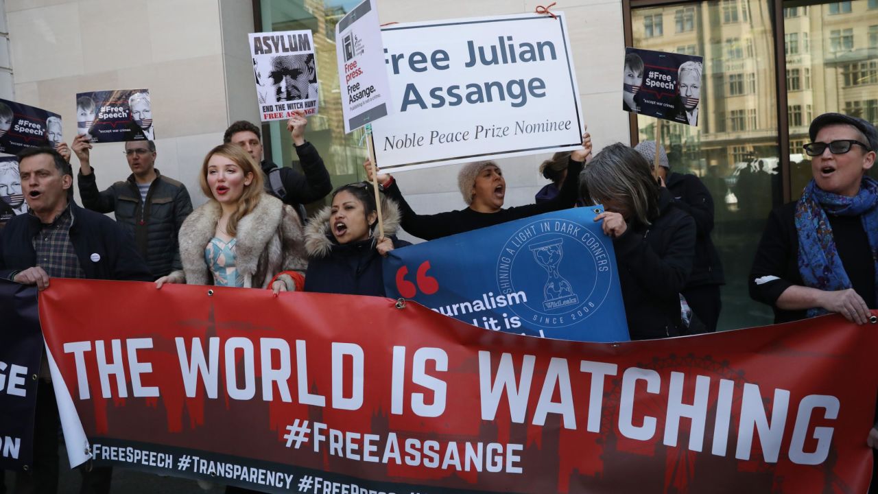 Pro-Assange demonstrators protest outside Westminster Magistrates Court on the day Assange was arrested. 