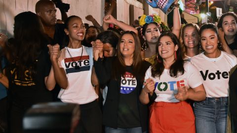 Rosario Dawson, Zoe Saldana, Eva Longoria, America Ferrera and Gina Rodriguez, shown here at a voting rally in 2018, have signed a letter of support to the Latinx community.  (Photo credit should read GASTON DE CARDENAS/AFP/Getty Images)