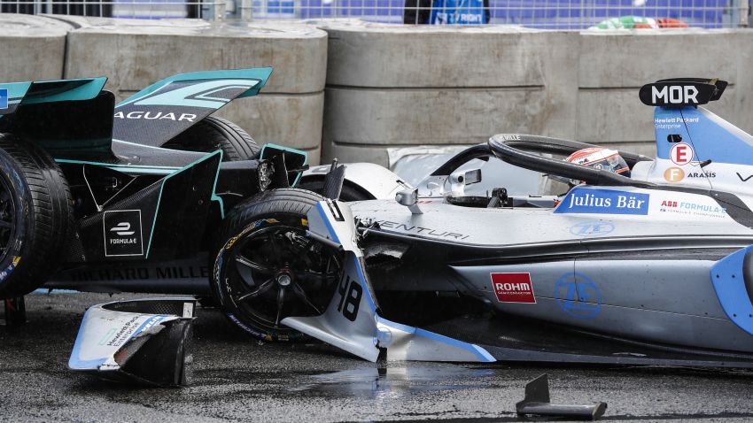 PARIS, FRANCE - APRIL 27: Alex Lynn (GBR), Panasonic Jaguar Racing, Jaguar I-Type 3, crashes into the barrier with Edoardo Mortara (CHE) Venturi Formula E, Venturi VFE05 rear ended him on April 27, 2019 in Paris, France. (Photo by FIA ABB Formula-E Handout/Getty Images)