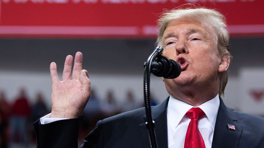 US President Donald Trump gestures as he speaks during a Make America Great Again rally in Green Bay, Wisconsin, April 27, 2019. (Photo by SAUL LOEB / AFP) (Photo credit should read SAUL LOEB/AFP/Getty Images)