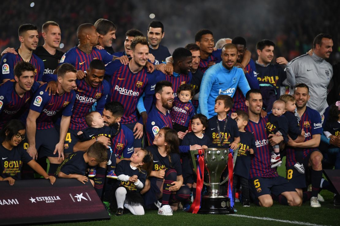 Barcelona celebrate winning the La Liga title with three games to spare. 