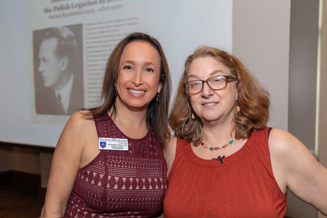 Alexandra Reiter (formerly MacMurdo), left, and Heidi Fishman, right, speaking at Georgia Highlands College where Reiter is a professor.