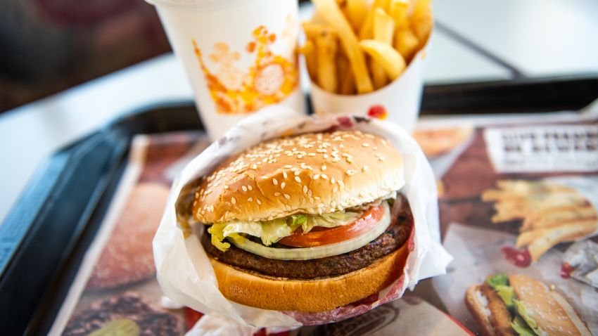 RICHMOND HEIGHTS, MO - APRIL 01: In this photo illustration, an 'Impossible Whopper' sits on a table at a Burger King restaurant on April 1, 2019 in Richmond Heights, Missouri. Burger King announced on Monday that it is testing out Impossible Whoppers, made with plant-based patties from Impossible Foods, in 59 locations in and around St. Louis area. (Photo Illustration by Michael Thomas/Getty Images)