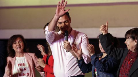 Spanish Prime Minister and Socialist Party candidate Pedro Sanchez waves to supporters.