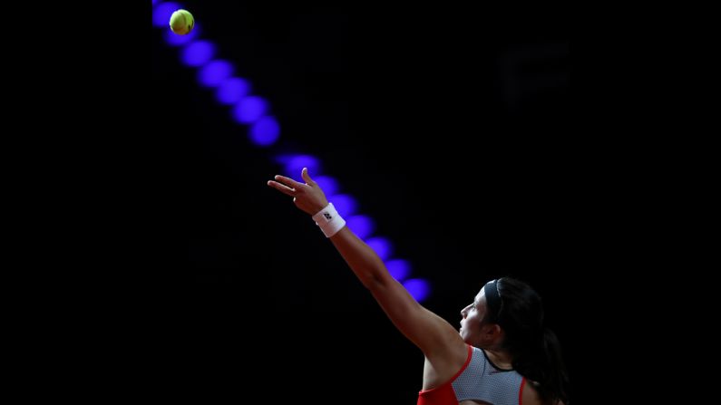 Anastasija Sevastova of Latvia serves the ball to Jelena Ostapenko of Latvia during their first round match on Day 2 of the Porsche Tennis Grand Prix at Porsche-Arena in Stuttgart, Germany, on April Tuesday, 23.