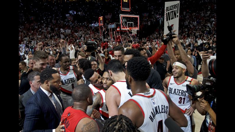 Portland Trail Blazers guard Damian Lillard reacts after making the game-winning shot at the buzzer against the Oklahoma City Thunder after Game 5 of an NBA basketball first-round playoff series in Portland, Oregon, on Tuesday, April 23.