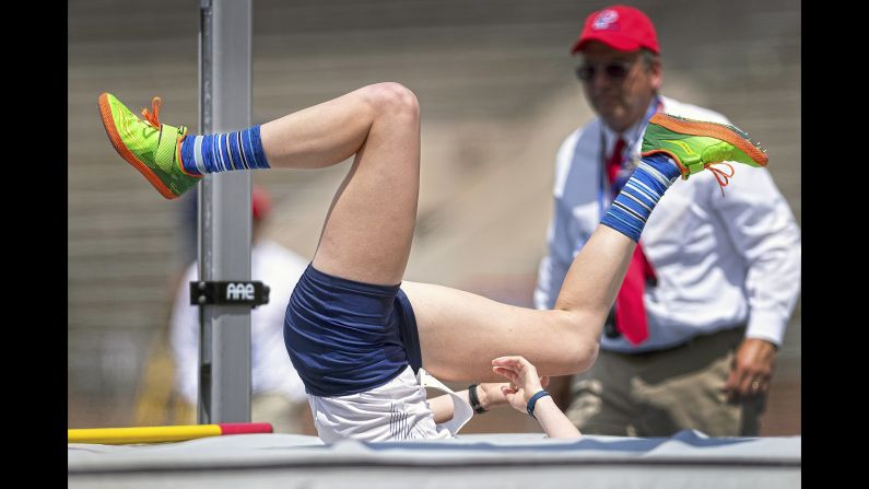 Taylor Wiederrecht, from Messiah College, lands after failing to clear the bar during the high jump of the women's heptathlon during the Penn Relays athletics competition at the University of Pennsylvania in Philadelphia on Tuesday, April 23.
