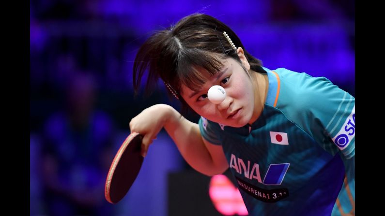 Japan's Miu Hirano serves to Canada's Mo Zhang during their women's single match at the ITTF World Table Tennis Championships in Budapest on Wednesday, April 24.